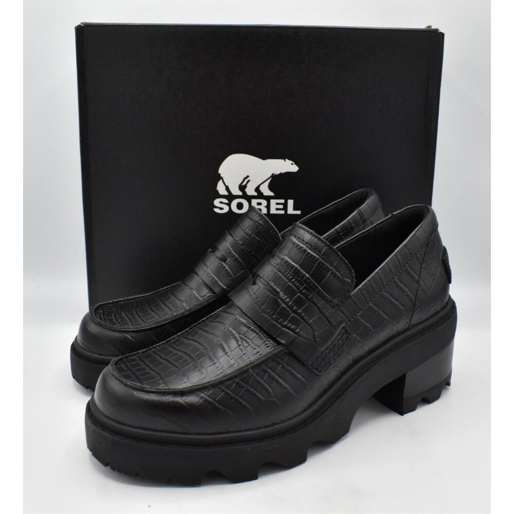 Sorel Women Size 10.5 Joan Now City Black Croc Embossed Leather WP Loafers Shoes